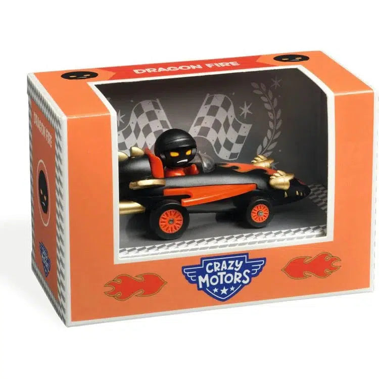 In a sleek display box, the toy race car named Dragon Fire boasts an eye-catching orange and black design with flame graphics. Its logo proudly reads "Crazy Motors," capturing the essence of crazy cars with its daring flair.