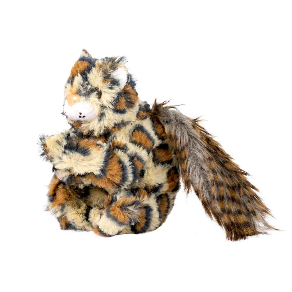 A plush toy resembling a striped squirrel with a bushy tail, sitting upright against a white background.