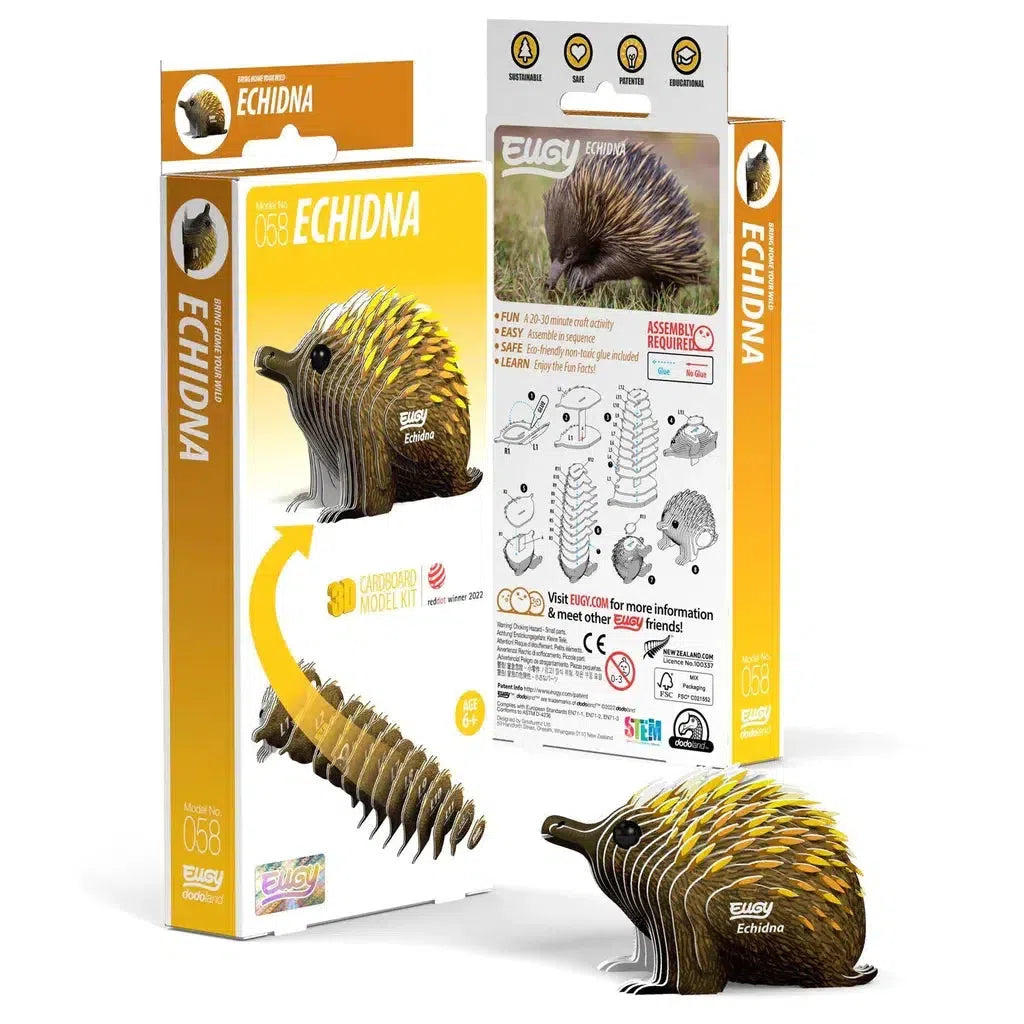 The Echidna cardboard model kit packaging presents an eco-friendly 3D puzzle experience, showcasing the assembled model, pieces layout, and assembly instructions with images and text in English.