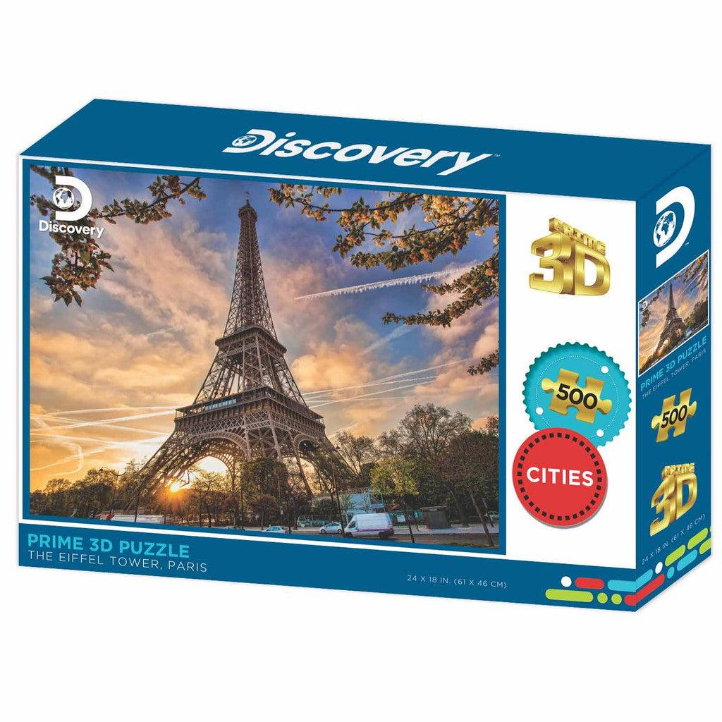 Box of a Discovery 3D puzzle featuring the Eiffel Tower in Paris during sunset with a "500 pieces" label and city skyline graphics.