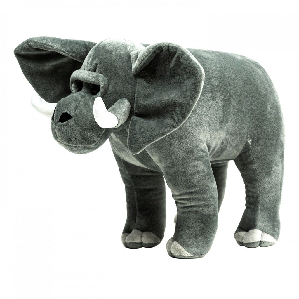 A gray plush elephant toy from the Randimal collection stands on a white background, embodying the charm and whimsy of animal characters.