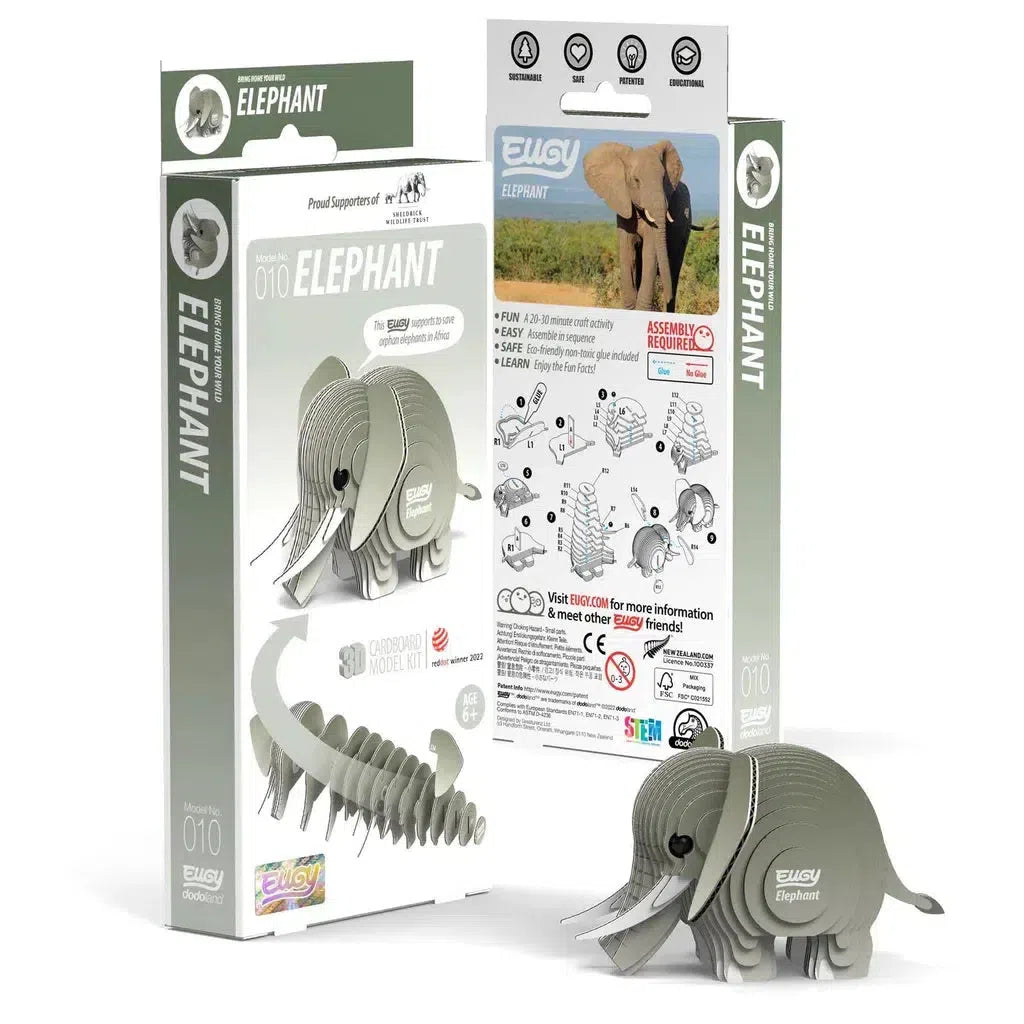 The eco-friendly Elephant 3D puzzle packaging features a stunning completed model on the front, with detailed assembly instructions incorporating STEM concepts on the back.