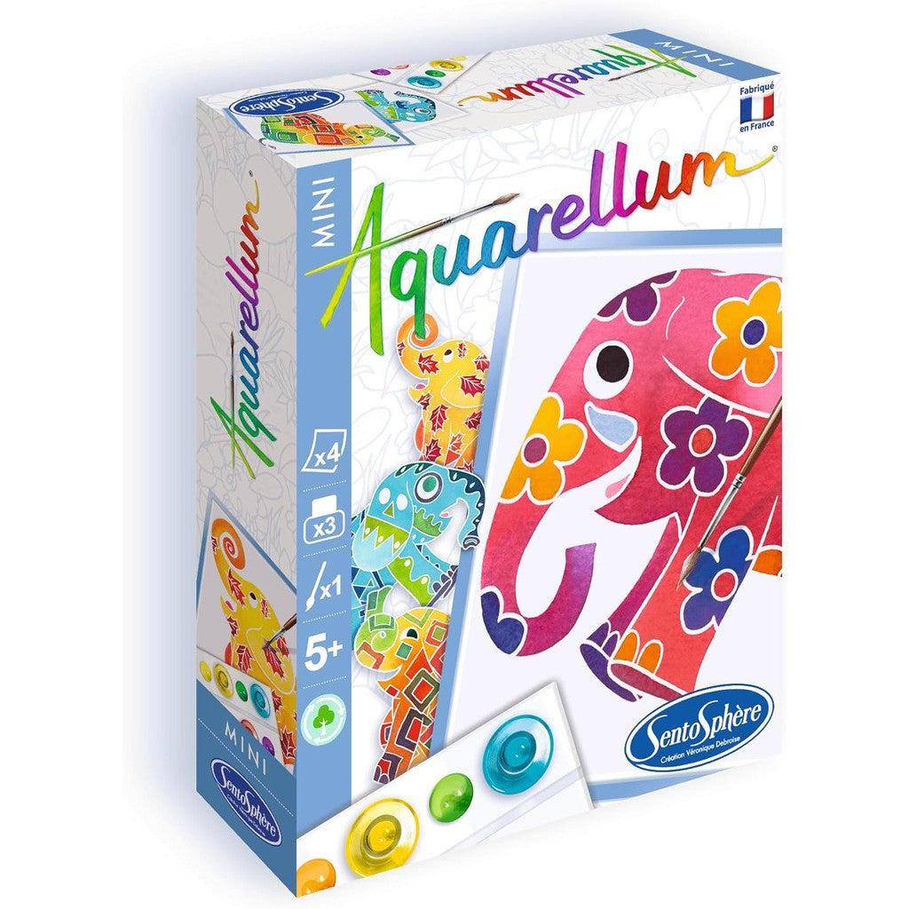 The Aquarellum Mini art kit from SentoSphere showcases a vibrant Aquarellum Elephants design alongside a small paint palette. This Magic Canvas is perfect for budding artists aged 5 and up, sparking creativity and imagination.