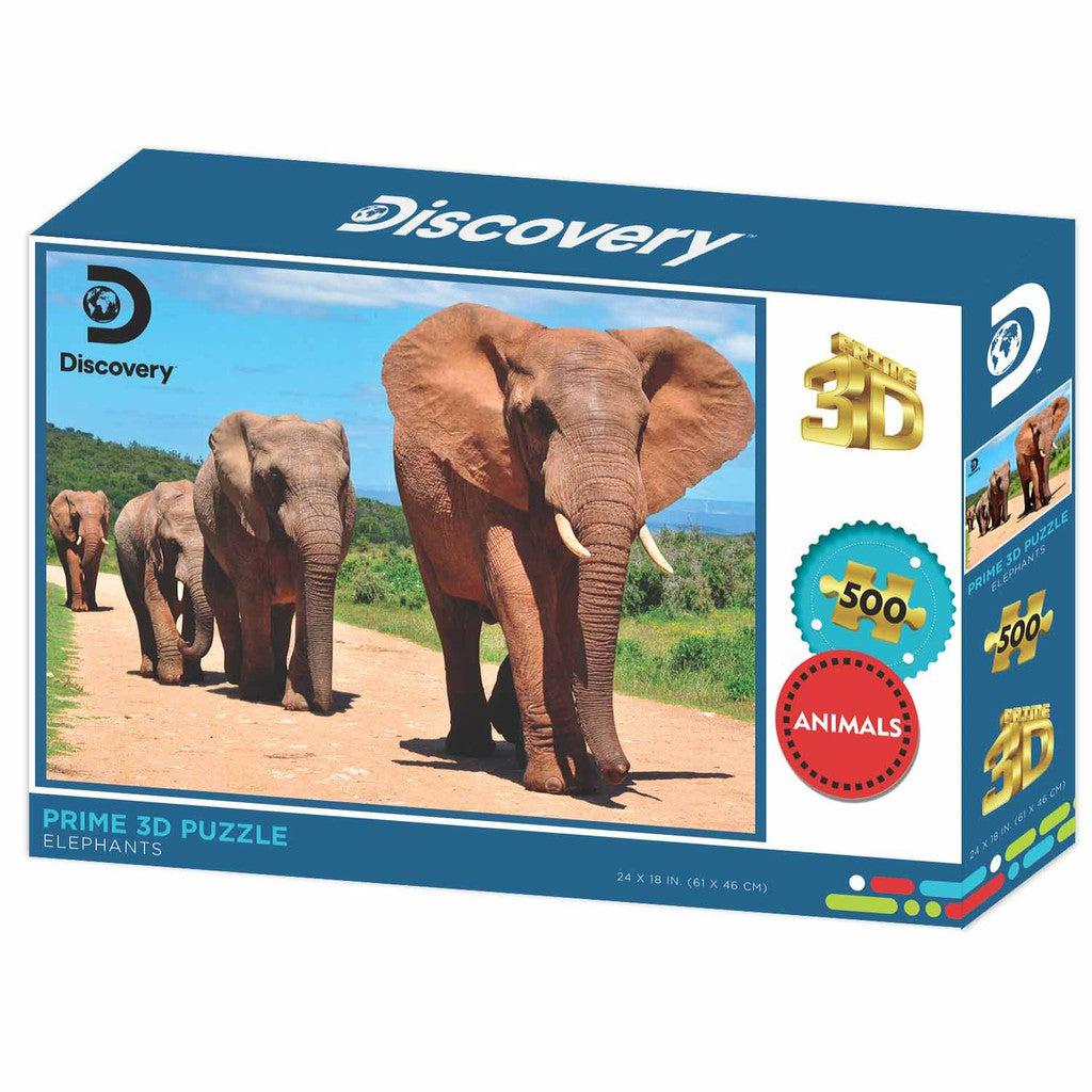  a 500-piece 3D puzzle capturing three majestic elephants walking in line along a dirt path, set against a clear blue sky and vibrant greenery. Perfect for elephant enthusiasts and puzzle lovers alike!