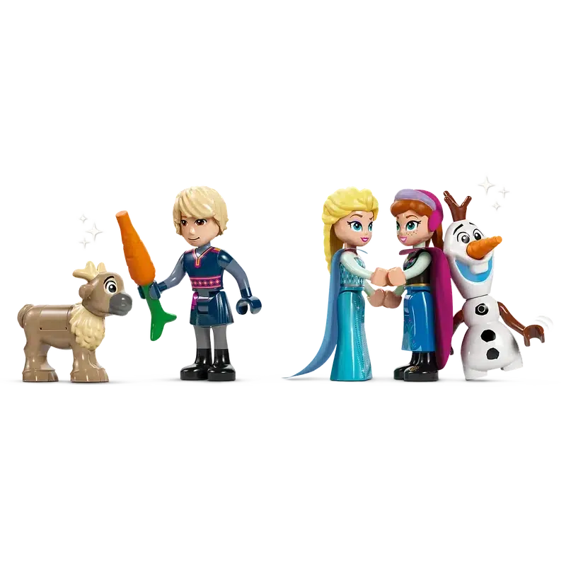 LEGO figures of a reindeer, person holding a carrot, two people holding hands, and a snowman form an enchanting lineup for Disney fans. This buildable toy set captures the whimsy and magic, perfect for imaginary journeys to a Frozen castle.