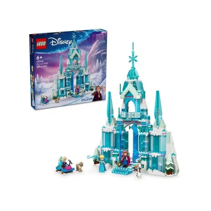 Experience the magic with this LEGO Disney Frozen set, showcasing Elsa's enchanting ice castle. This captivating castle toy includes minifigures and accessories, perfect for bringing your favorite Frozen moments to life. Box displayed in the background.