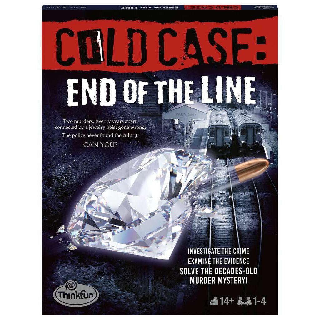 Cover art for "Cold Case: End of the Line" features a large diamond on train tracks, two trains, and text highlighting a thrilling crime mystery game involving a jewelry heist in Pauvigny, France, and murders.