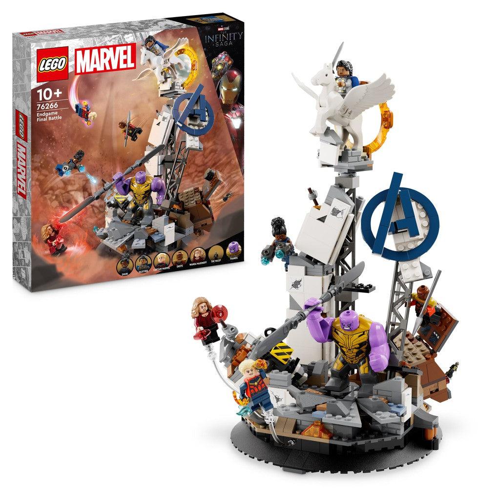 image shows the LEGO Marvel Endgame Final Battle. the averners are on a stage fighting thanos in an intense cinematic battle.