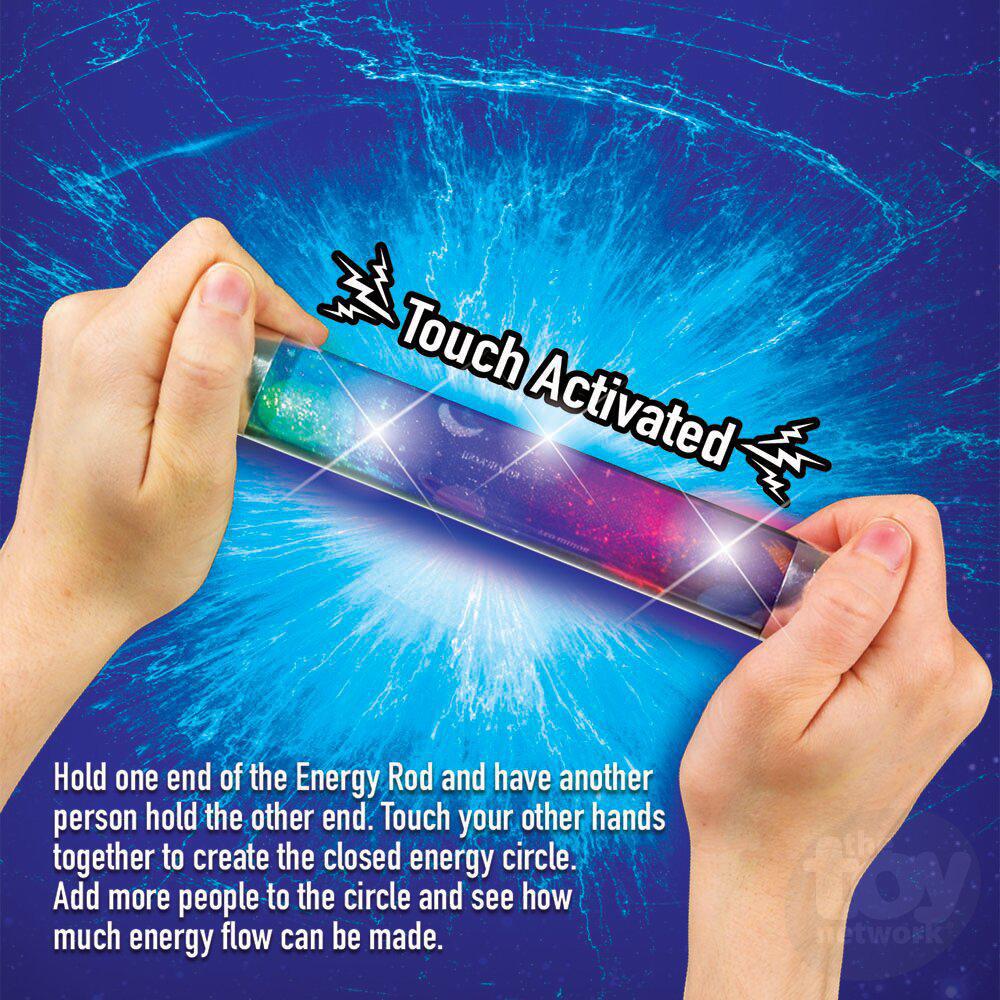 Hands holding a Cosmic Energy Rod emitting blue light, with text describing it as "Touch Activated." This interactive experience fosters teamwork and connection, inviting participants to engage and explore its captivating glow.