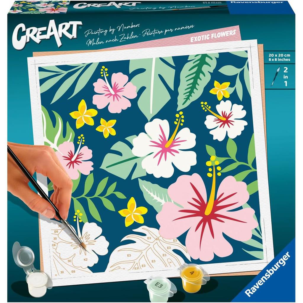 The Ravensburger CreArt Paint by Numbers Kit showcases exotic flowers in vibrant pink, yellow, and white against a dark background, capturing the beauty of exotic plants as a hand brings one blossom to life.