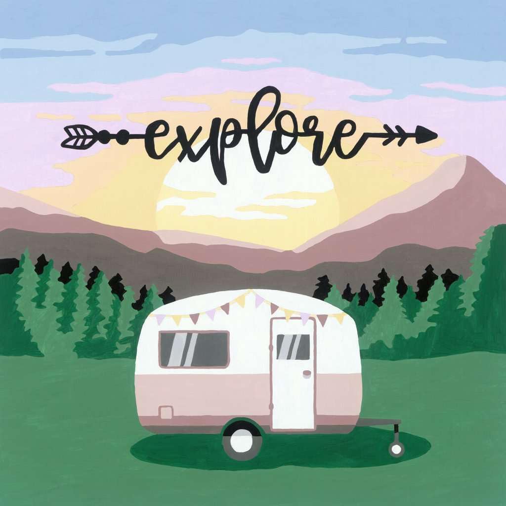 Illustration of a camper in a field with mountains, trees, and a sunset, reminiscent of an Adults' Paint by Numbers Kit. The word "explore" is written above in a decorative font. Perfect for those who find solace in the serene beauty of nature, much like Ravensburger scenes.