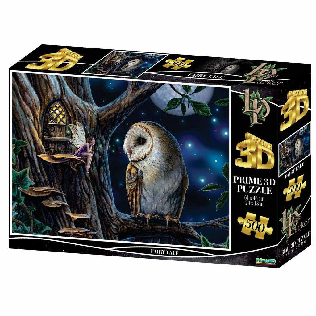 Discover the enchanting world of fairy tales with this 500-piece Prime 3D puzzle. The box features a mesmerizing illustration of an owl, a fairy with purple wings, and a tree with a small door, all set against a mystical night sky. 