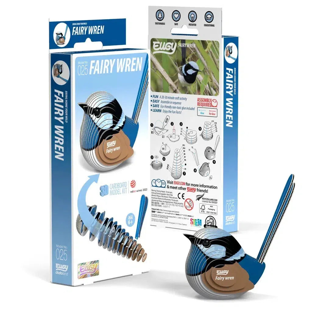 Eco-friendly packaging for a cardboard model kit of a Fairy Wren, featuring an image of the assembled 3D puzzle, assembly instructions, and product branding.