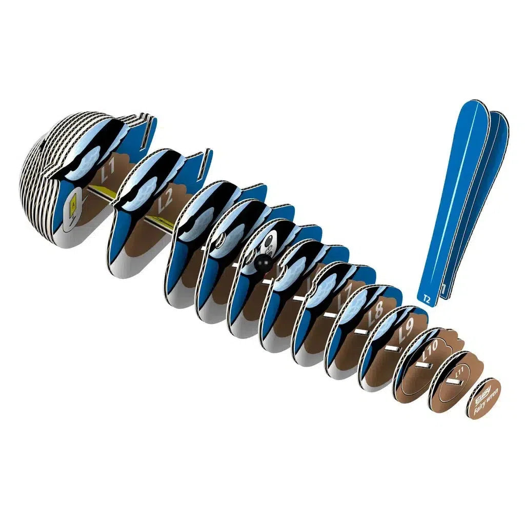 3D rendering of a human vertebral column, reminiscent of an EUGY 3D puzzle, with blue highlighted discs and white spine bones. Labeled 1 to 12, it features additional elements on the right, capturing both complexity and eco-friendly design aesthetics.