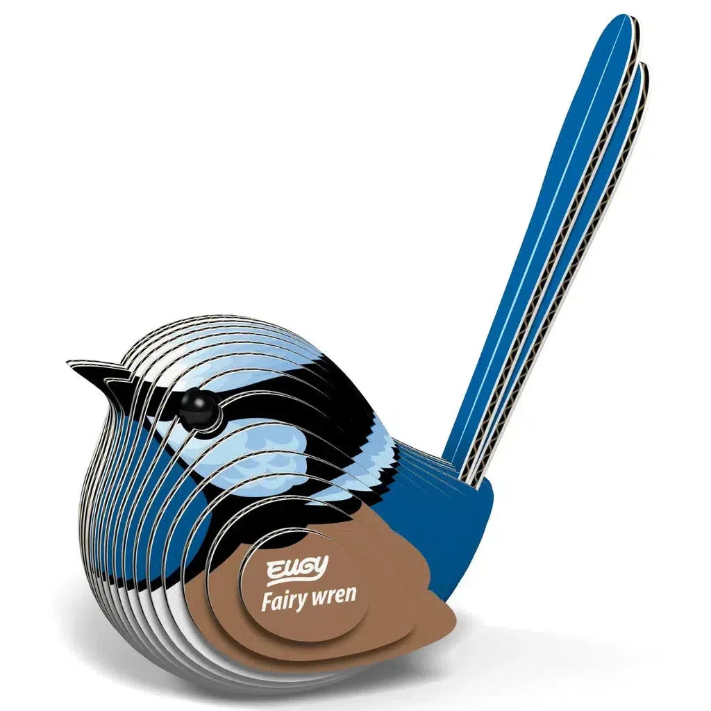 Discover the eco-friendly 3D puzzle model of a fairy wren, featuring intricate blue, black, and brown sections with "EUGY Fairy wren" elegantly inscribed on its side.