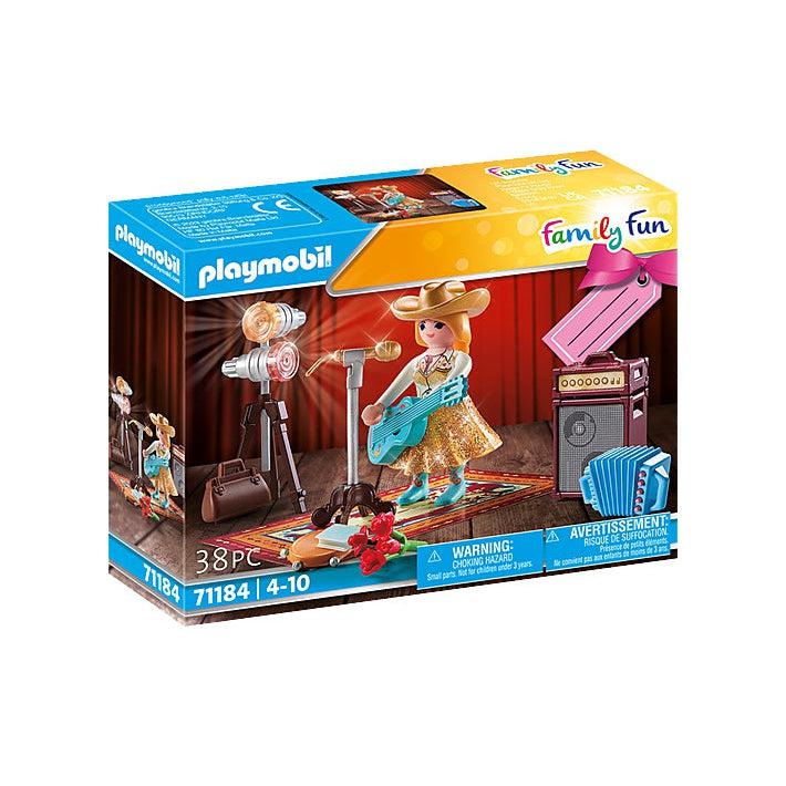 The country singer playmobil set. includes 38 pieces to put together to make a stage for the country singer to sing and perform with. she is wearing a sparkly orange dress and a cowboy hat.