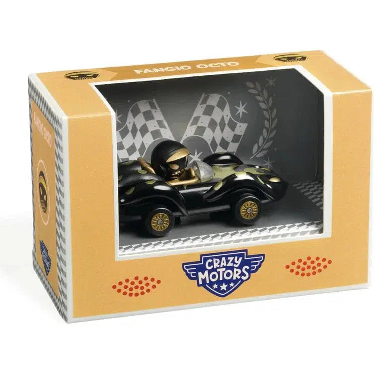 The toy racing car boasts an eye-catching black and gold design with ultrasonic metallic paint, encased in a "Crazy Motors" display box. The packaging features checkered flags and includes a small racer figure in the metal car.