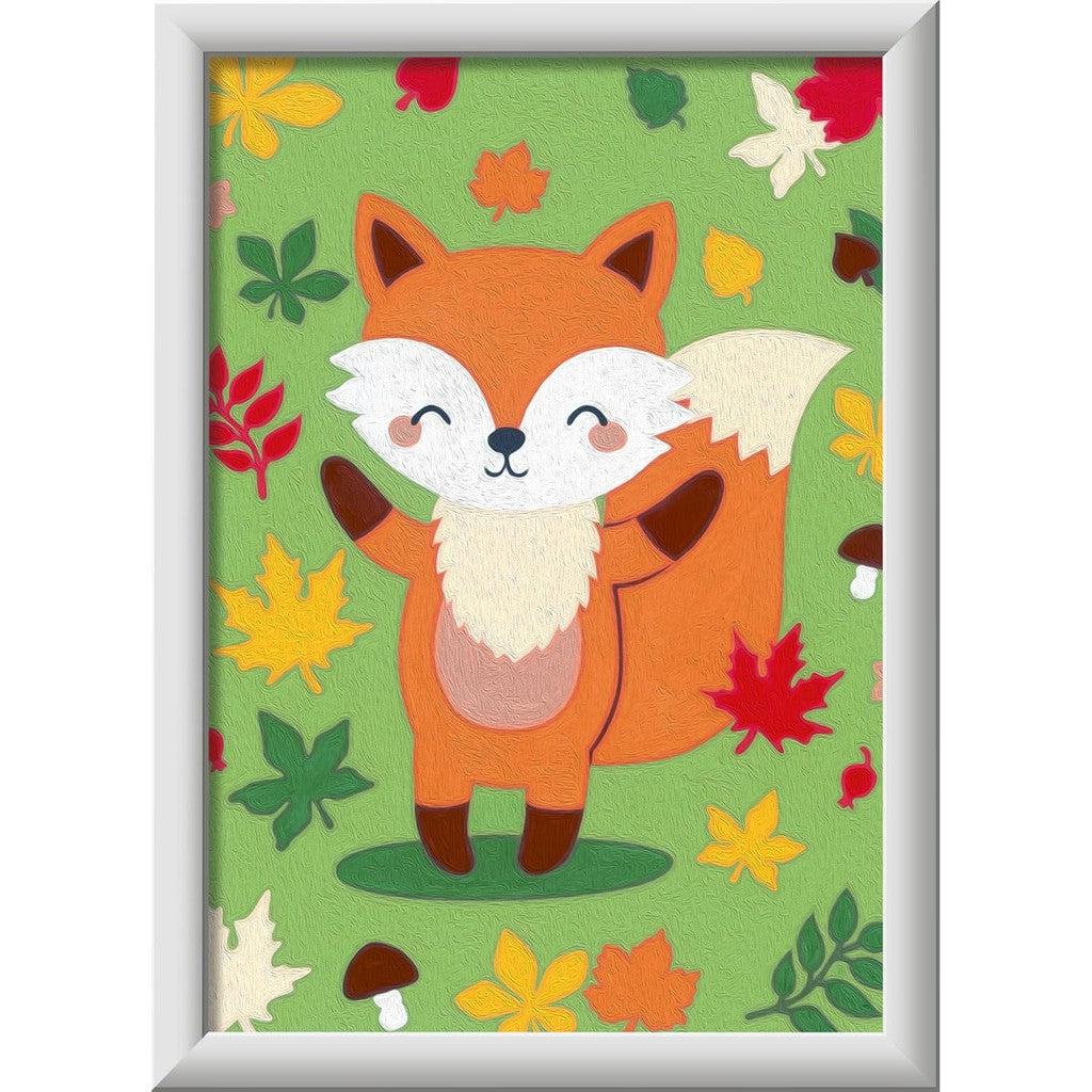 This Ravensburger CreArt design features a cheerful fox with a bushy tail, surrounded by colorful autumn leaves and mushrooms on a green background. Perfect for fans of painting arts and crafts, this paint by numbers kit brings the vibrant scene to life.