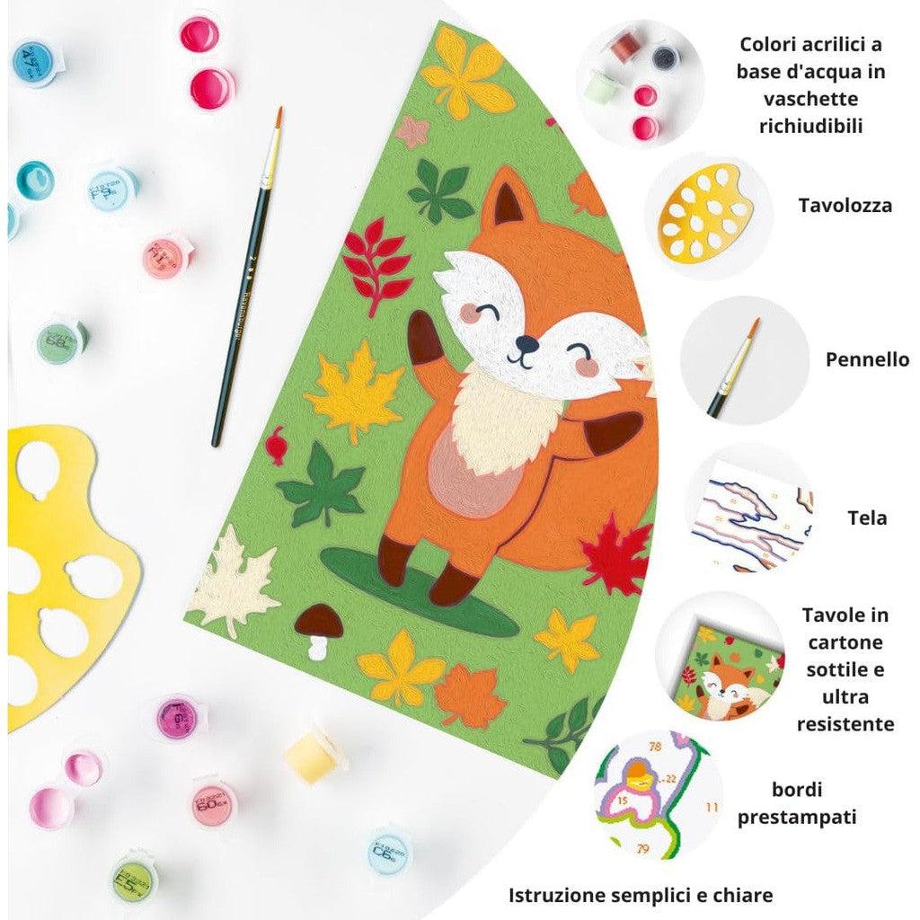 Discover the Ravensburger CreArt paint by numbers kit featuring a charming fox design on canvas. Perfect for kids' arts and crafts, it includes vibrant acrylic paint pots, a palette, a brush, step-by-step instructions, and sturdy cardboard panels for endless creativity.