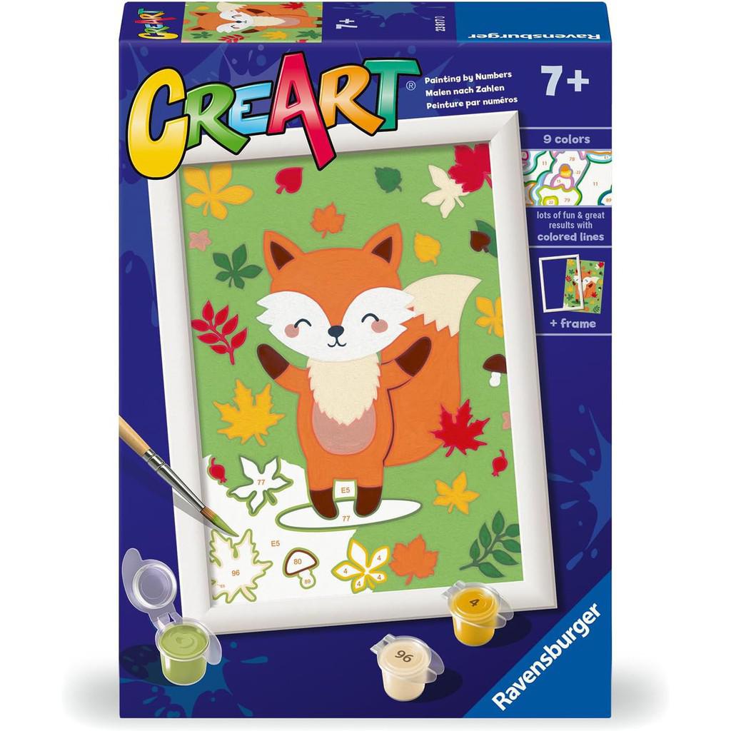 Discover the Fantastic Fox Paint by Numbers kit, featuring a charming fox surrounded by autumn leaves on the cover. This arts and crafts set includes paint pots, a brush, and a frame. Perfectly designed for ages 7 and up to unleash their creativity!.