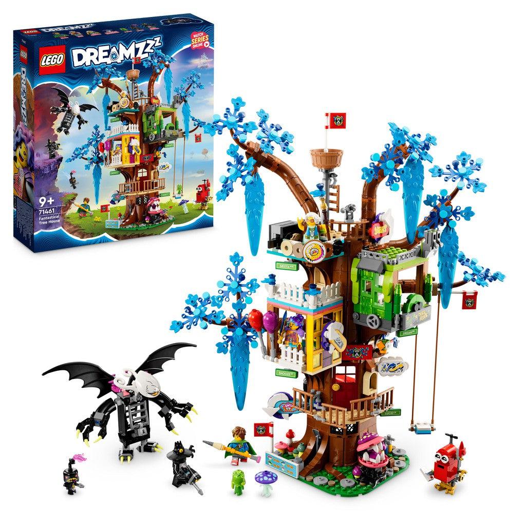 image shows the LEGO Dreamzzz Fantastical Treehouse. there are icicle leaves handing off the chaotic treehouse willed with different rooms of colors. where are plenty of LEGO Dreamzzz heros and villian characters to interact with the treehouse. .