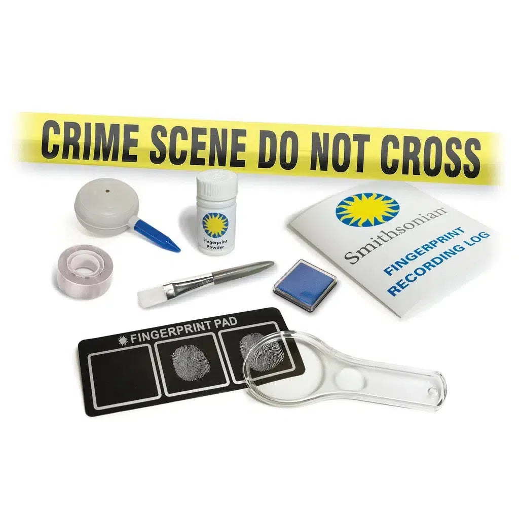 Detective's crime scene investigation kit featuring a fingerprint pad, recording log, ink pad, magnifying glass, brush, and iconic "Crime Scene Do Not Cross" tape—perfect for aspiring crime scene investigators.