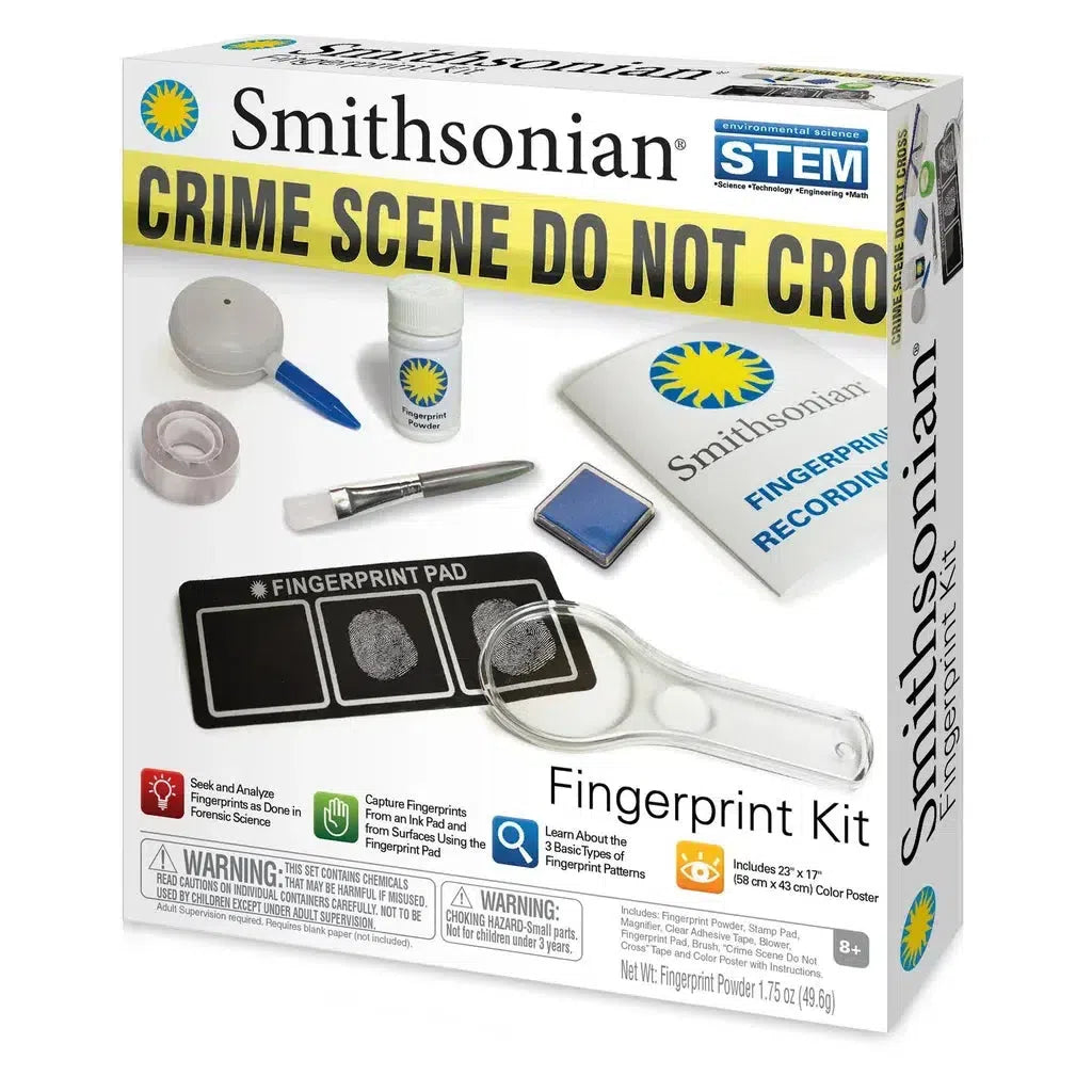 Fingerprint kit box with essentials like powder, brush, magnifying glass, and fingerprint pad. Perfect for budding detectives and aspiring crime scene investigators. Labeled "Smithsonian" and "STEM," it features a banner reading "Crime Scene Do Not Cross.