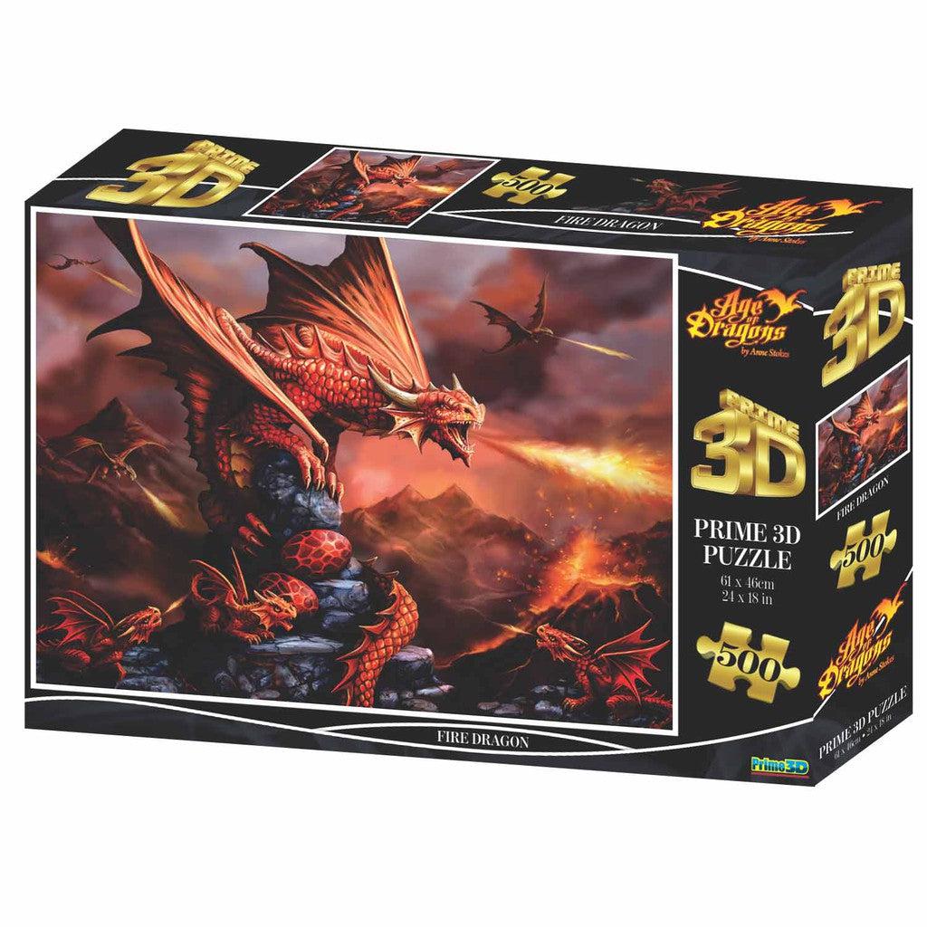 The 500-piece 3D puzzle from Prime 3d Ltd showcases a magnificent Fire Dragon perched on rocks, its fiery breath creating an awe-inspiring scene.