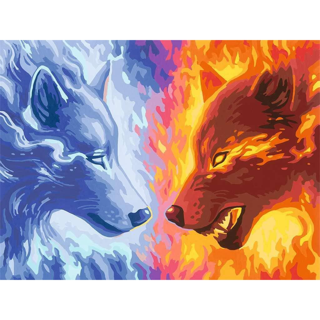 Illustration of a blue ice wolf facing a red fire wolf, symbolizing opposing elements of ice and fire. This captivating scene invites you into the world of arts and crafts, reminiscent of a Ravensburger paint-by-numbers masterpiece.