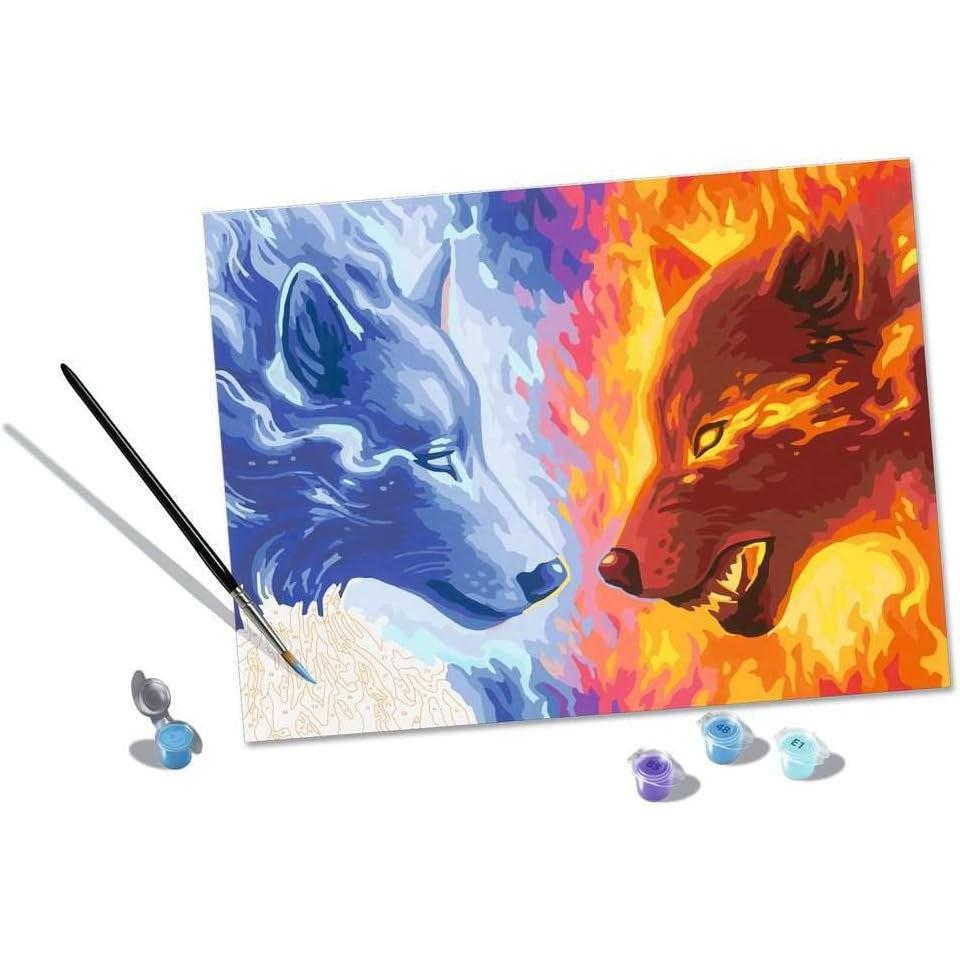 Explore the Ravensburger Paint by Numbers kit featuring two mesmerizing wolves—one blue and icy, the other red and fiery. This arts and crafts set comes complete with paints and a brush, inviting you to unleash your creativity.