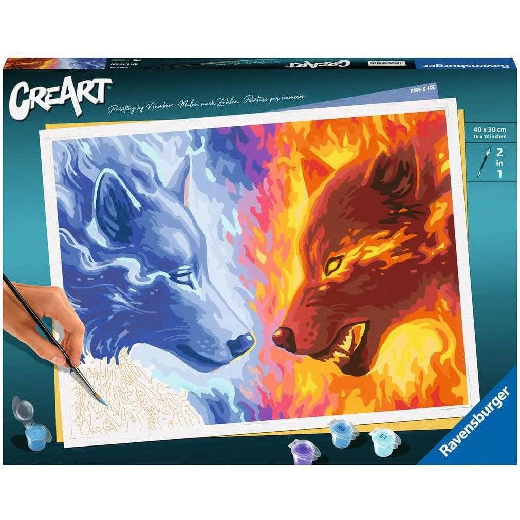 Discover the Ravensburger Fire &amp; Ice Paint by Numbers Kit, featuring a striking blue wolf on the left and a fiery red wolf on the right. Complete with paint pots and a brush, this engaging Painting Arts and Crafts kit brings an enchanting scene to life.