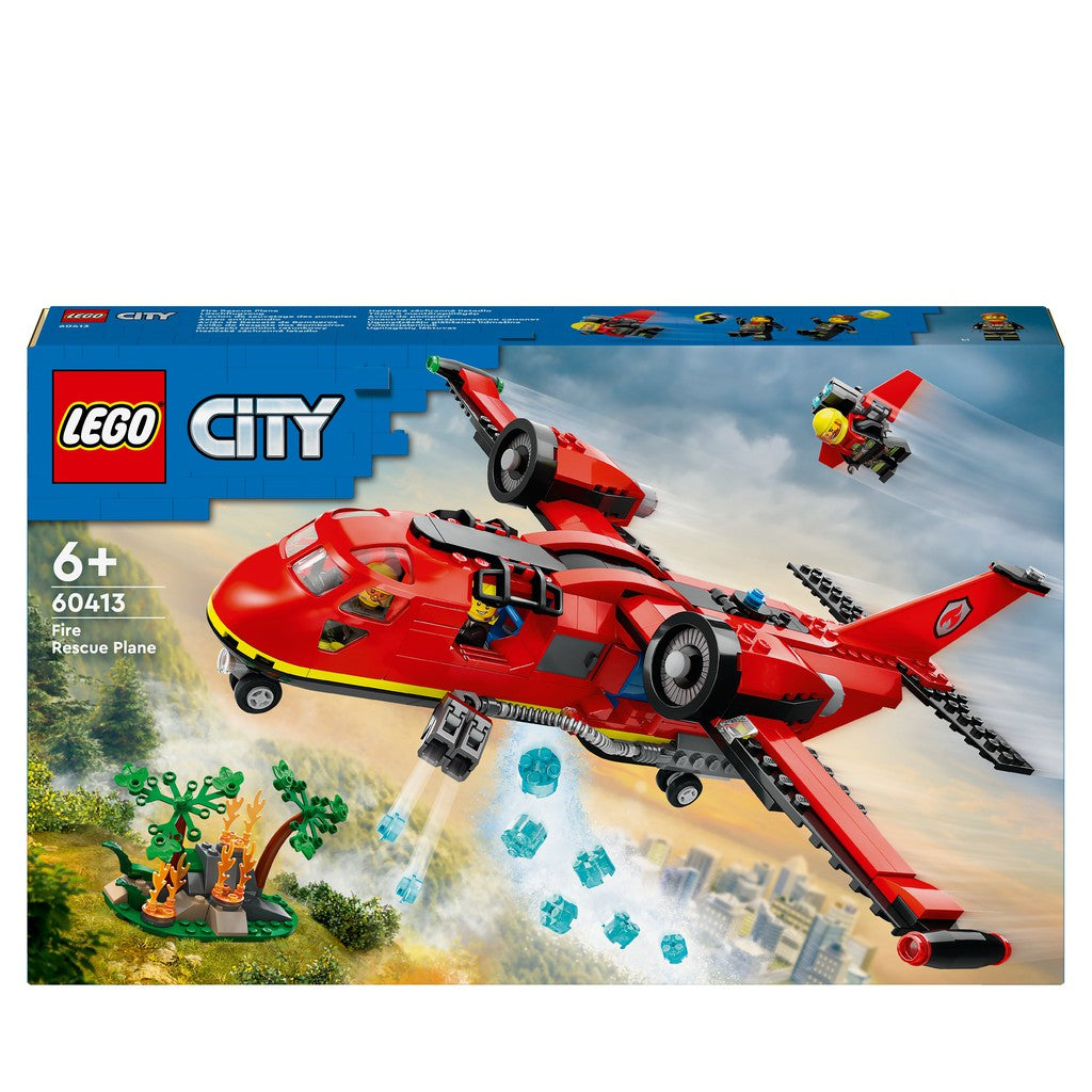 the LEGO city Fire Rescue plane is a red plane and jetpack that can launch blue LEGO beads as water to save the day.