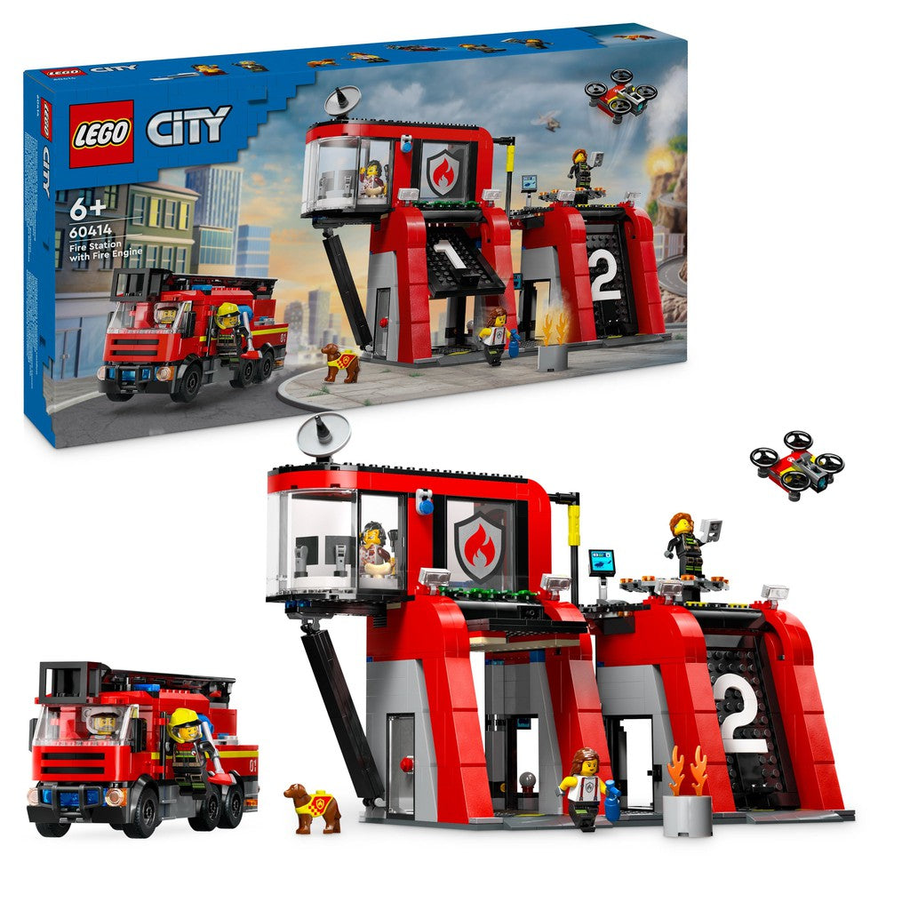 the LEGO City Fire station is a bright red building with a fire truck and accessories and Minifigures.