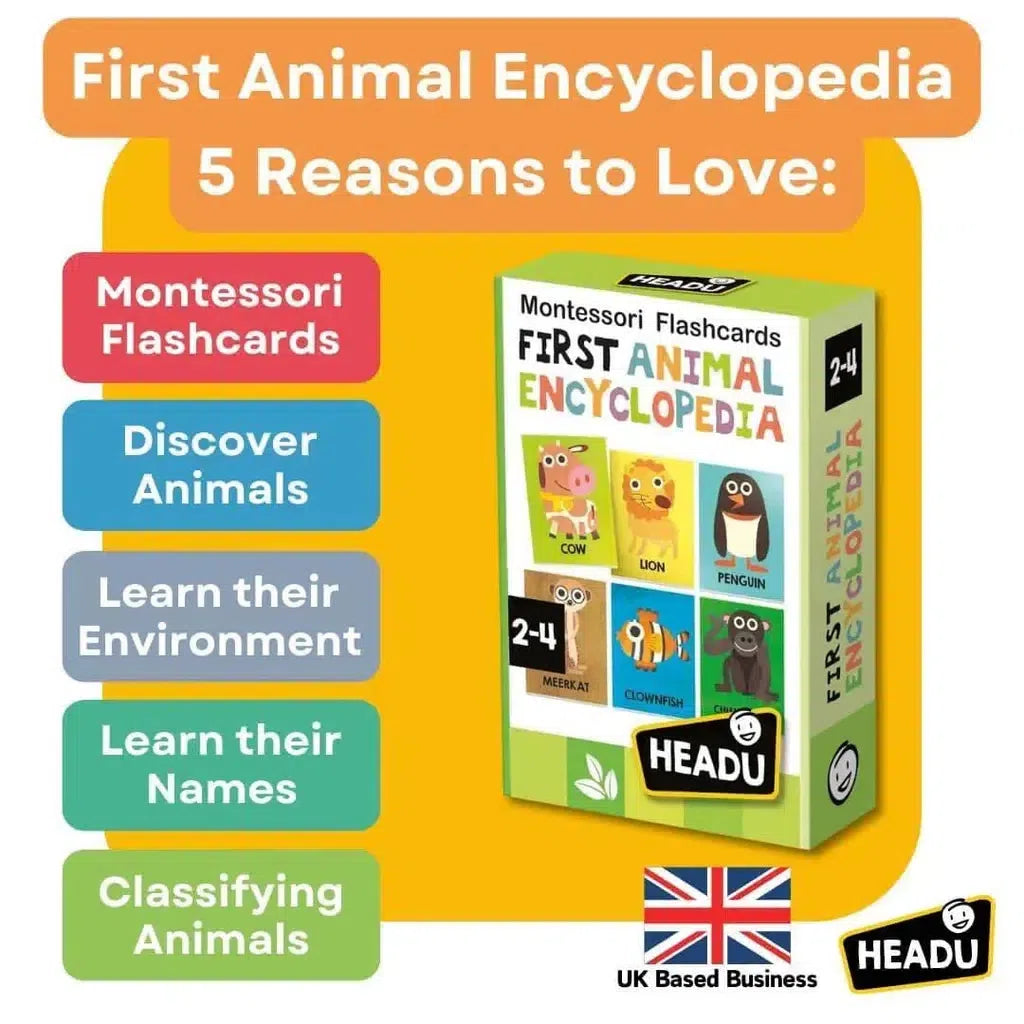 First Animal Encyclopedia" by Headu offers an engaging introduction with Montessori flashcards. Five reasons to love: Discover animal trivia, learn habitats and names, classify species. Perfect for ages 2-4.