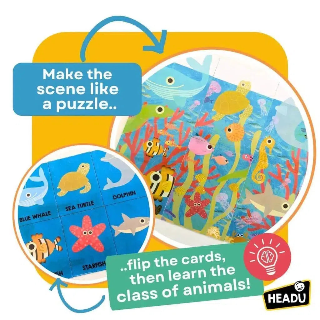 Dive into our illustrated ocean animal puzzle featuring labeled flip cards, perfect for budding marine biologists. With sea creatures like turtles, dolphins, and fish, this Montessori flashcards set invites you to "Make the scene like a puzzle... flip the cards to learn each class of animals!.