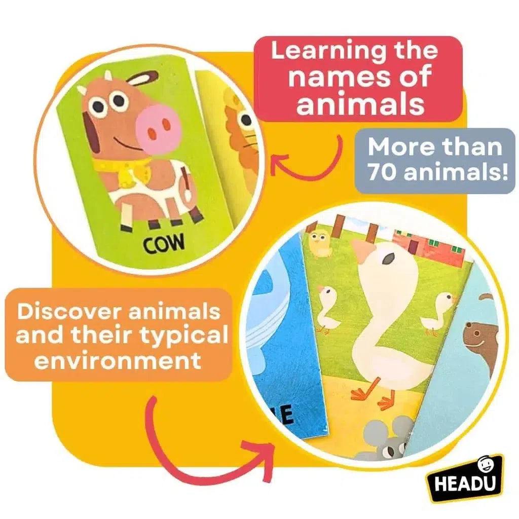 Children's educational game promoting animal recognition, featuring illustrations of a cow and other animals. Captions highlight learning names and discovering environments, with fun Animal Trivia to spark curiosity.