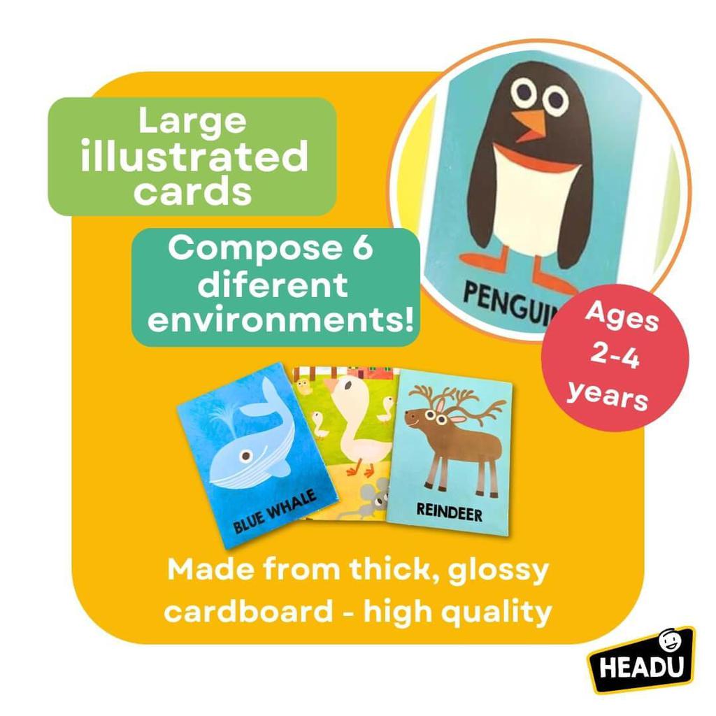 Illustrated Montessori flashcards featuring a penguin, blue whale, and reindeer for ages 2-4. Made from thick, glossy cardboard, these cards introduce young ones to the wonders of animal trivia.