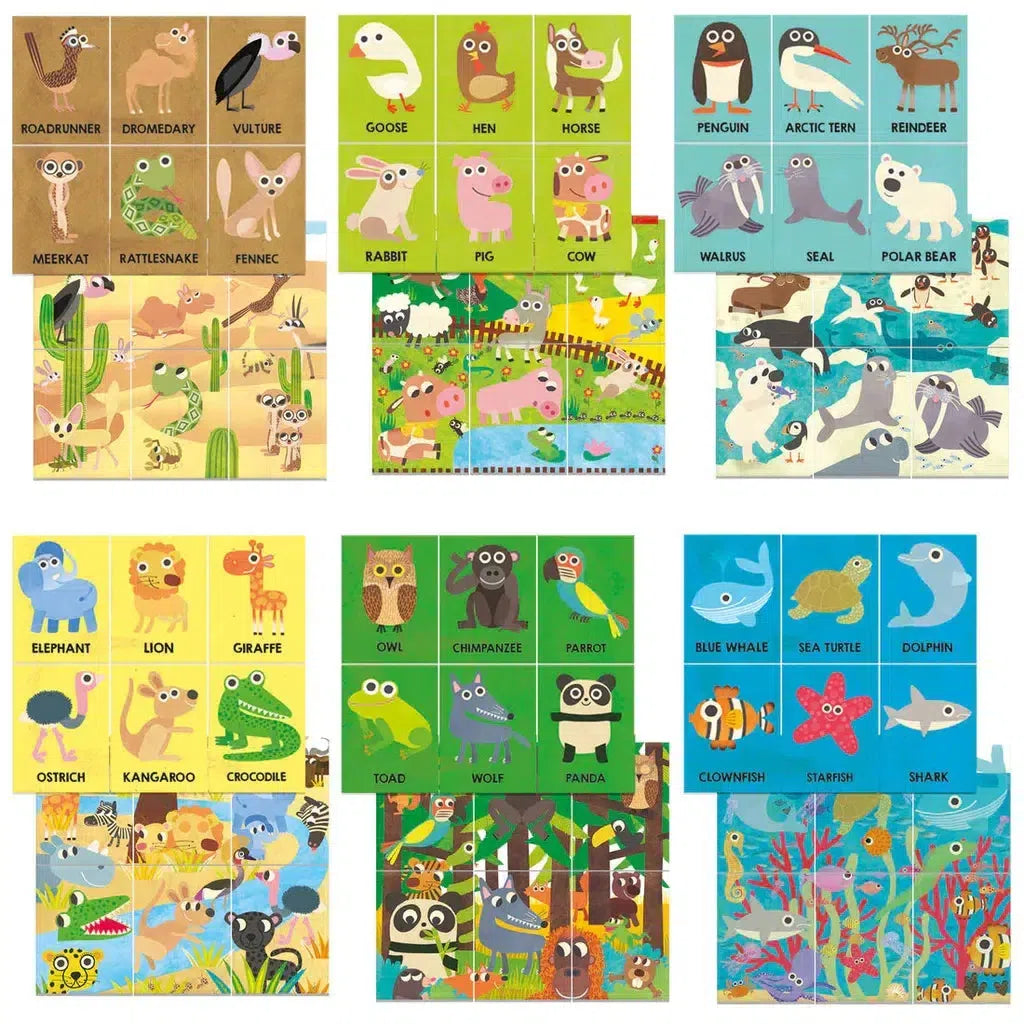 Illustrated animal cards arranged in a grid, resembling Montessori flashcards. Each card features a different animal with its name, including a horse, penguin, elephant, and shark set against bright, colorful backgrounds to enhance cognitive skills development.