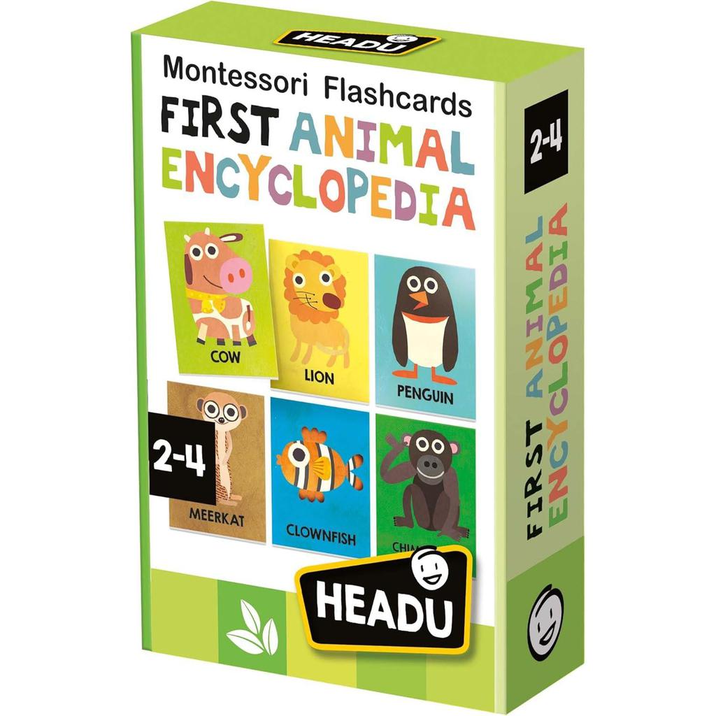 Box of Montessori Flashcards titled "First Animal Encyclopedia" by Headu, designed to boost cognitive skills in young minds. Featuring animals like a cow, lion, penguin, meerkat, clownfish, and gorilla for ages 2-4.