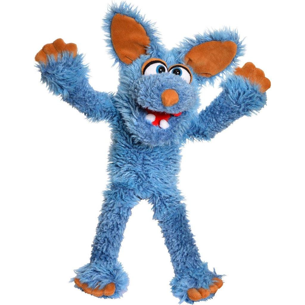 This adorable blue plush toy, resembling a cheerful Blue Dog, boasts orange ears, nose, and feet. With wide eyes and a happy expression, it stands with arms raised in pure delight. Perfect for imaginative play!