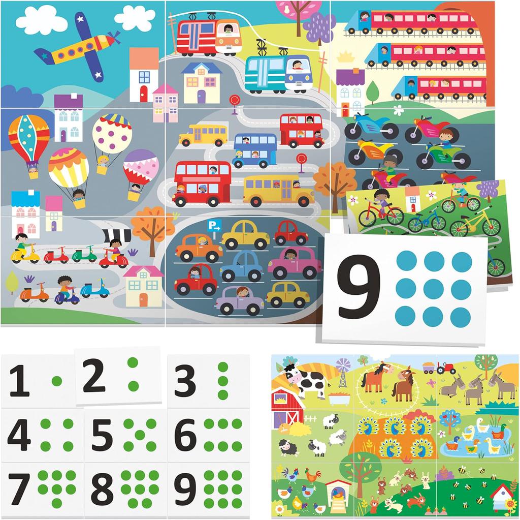 Discover this illustrated puzzle featuring colorful vehicles, numbers, and farm animals. Perfect for educational play, it includes bicycles, buses, cars, motorcycles, and planes. The Montessori-inspired tactile number cards range from 1 to 9 with corresponding dot patterns.