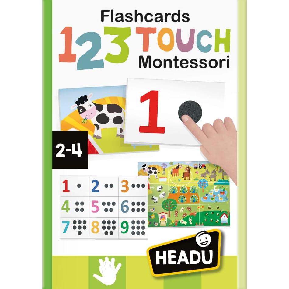 Image of a "Flashcards 123 Touch Montessori" box for ages 2-4, featuring numeric and animal illustrations, with a Headu logo. Perfect toddler learning toys that incorporate Montessori methods and HEADU tactile numbers to engage young minds.