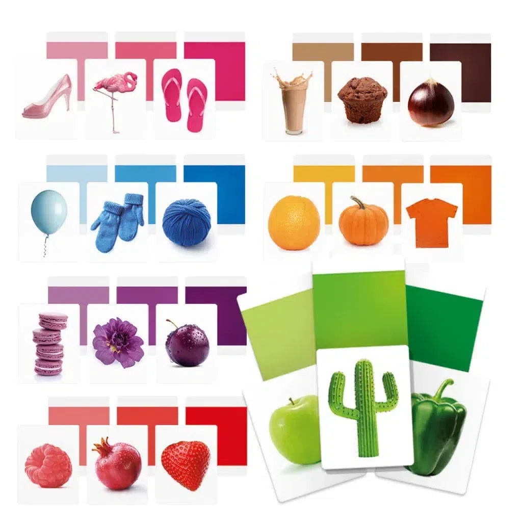 Assorted items in rows represent colors—pink, brown, blue, orange, purple, red, and green—featuring shoes, food, clothing, balloons, fruits, and a cactus. It's like a playful scene from Flashcards Colors Montessori where children learn colors while honing cognitive and motor skills.