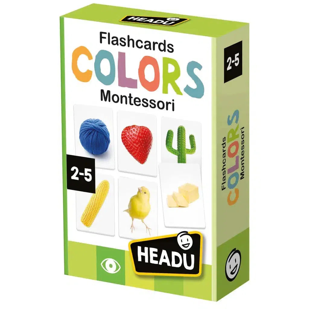 Box of Flashcards Colors Montessori titled "Colors" for ages 2-5, featuring images like a ball of yarn and a cactus. These cards help kids learn about colors while boosting cognitive and motor skills.