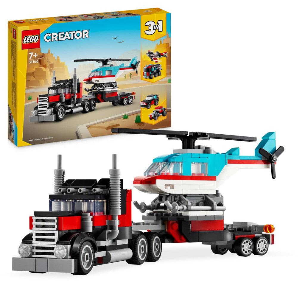 the LEGO Creator flatbed truck holds room for a blue and white helicopter on the bed.