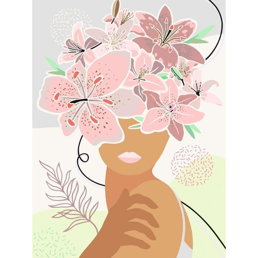 Illustration of a person with pink lilies for hair, a hand on their shoulder, and abstract designs in the background, reminiscent of a Paint by Numbers piece.