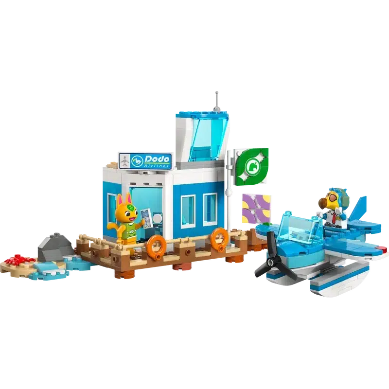 This LEGO set, part of the LEGO Animal Crossing series, showcases a charming small building labeled "Dodo Airlines." With a friendly character in front and a sleek blue seaplane on the right, it brings a playful touch to any airport-themed collection.