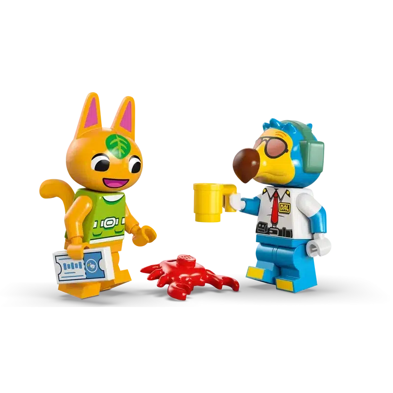 Two animal-inspired LEGO figurines, reminiscent of Animal Crossing characters, feature a squirrel holding tickets and a bird with a drink and headset, standing beside a small red crab.