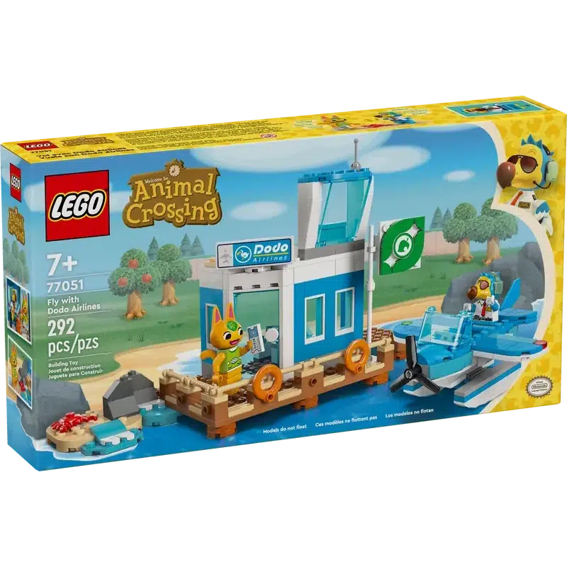 LEGO set box featuring the iconic "Animal Crossing" theme with a detailed Dodo Airlines airport and beloved character figures. This vibrant set, containing 292 pieces, is a perfect adventure for fans aged 7 and up.