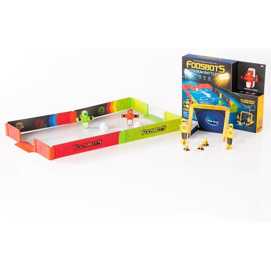 The Foosbots Stadium Battle Set from Fat Brain Toys offers active play with two robotic players, a ball, and a goal net all beautifully showcased in colorful packaging.
